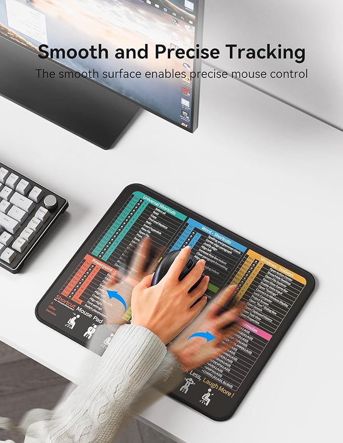 TECKNET Shortcut Mouse Pad for Excel Word PowerPoint Windows, Non-Slip Waterproof Office Desk Mat-11.6x9.8 Inch, 68 Keyboard Shortcuts, Portable Computer Mousepad, Durable, Clear Printing, Black