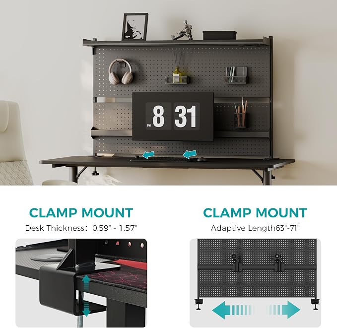 EUREKA ERGONOMIC Desk Pegboard Dual Monitor Stand 59x34 Black | Large steel pegboard with dual monitor stands, LED lighting, privacy panel and modular accessories for gaming desks