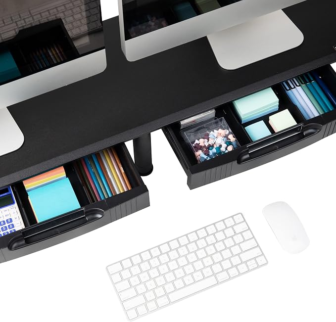 Mind Reader Dual Monitor Stand, Height Adjustable, Desktop Organizer, Laptop Riser, Office, 38.5"L x 11"W x 2.55-6.5"H, Black
