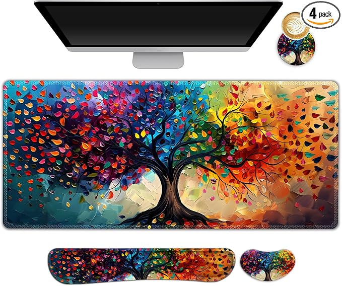 Large Gaming Mouse Pad Set, 4 in 1 Ergonomics Keyboard Desk Mat with Memory Foam Wrist Rest, Computer Extended Game Mousepad, Non-Slip Desk Matt Easy Typing Pain Relief I Colorful Tree Leave