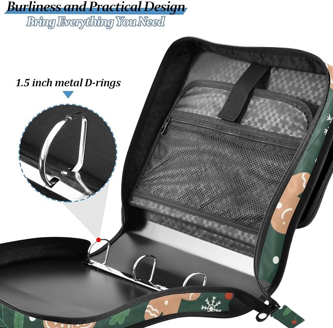 3 Ring Zipper Binder with Shoulder Strap Christmas Gingerbread Snowflakes 1.5 inch Binders Keeper Large Capacity Multi Pockets for School Office Supplies