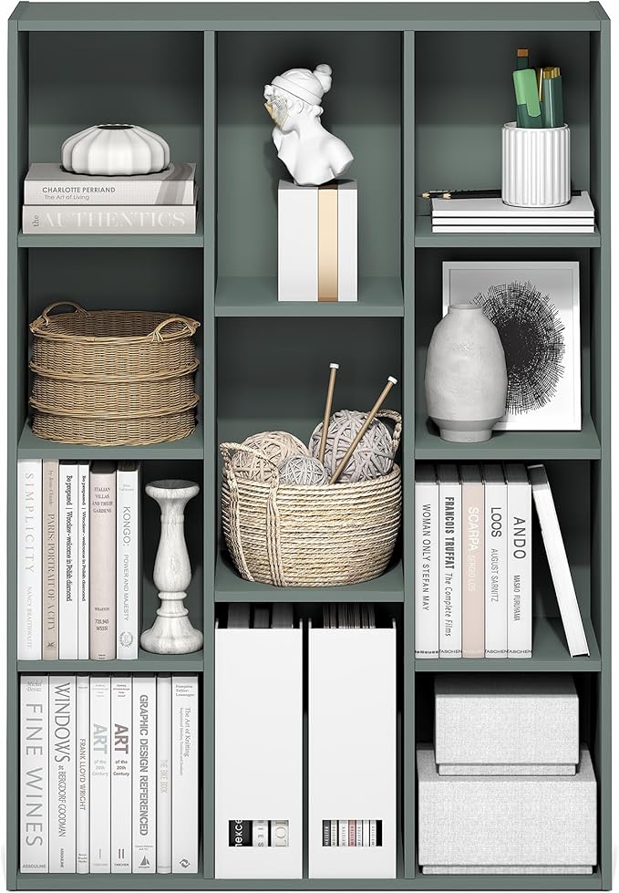 Furinno LUDER Book Shelf, 11-Cube Bookshelf, Reversible Bookcase, 9.4 x 29.1 x 41.7, Easy Assembly, for Living Room, Bedroom, Home Office, Sage Green