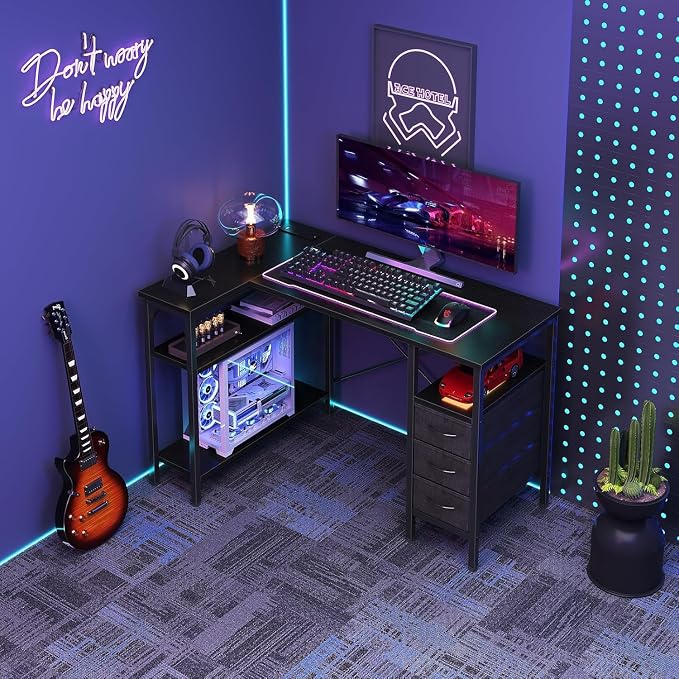 Alpen Computer Desk with Drawers, L Shaped Desk for Bedroom with Power Outlets, Gaming Table with Storage Shelves, Corner Desk for Gaming, Study Writing PC Table, 55 Inch, Black