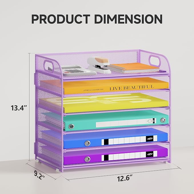 Cawukege 6 Tier Paper Organizer with Handle, Metal Desk Organizer Mesh Paper Letter Tray Desktop File Folder Document Sorter for Classroom, School, Office Accessories Storage (1, 6 Tier - Purple)