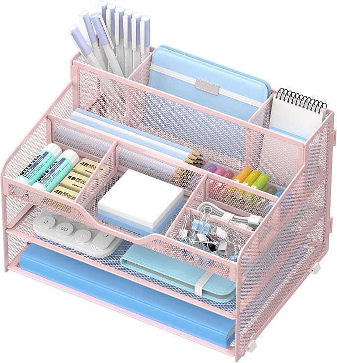 3 Tier Mesh Paper Desk Organizer with Pen Holders, Pink | Features 3 pen holders, and 5 adjustable compartments for office school home desk storage