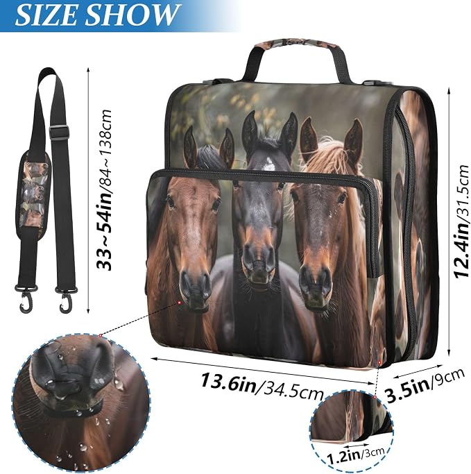 3 Ring Zipper Binder Horses Binder Organizer Portfolio with File and Shoulder Strap & Handle Large Capacity File Folder