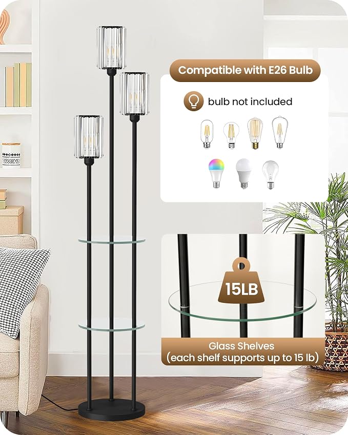 Black Floor Lamp with Shelves, Modern Floor Lamp with 3 Crystal Shades and Foot Switch, 3-Light Standing Lamp, for Living Room, Bedroom, Study, Office, Black B53LD05