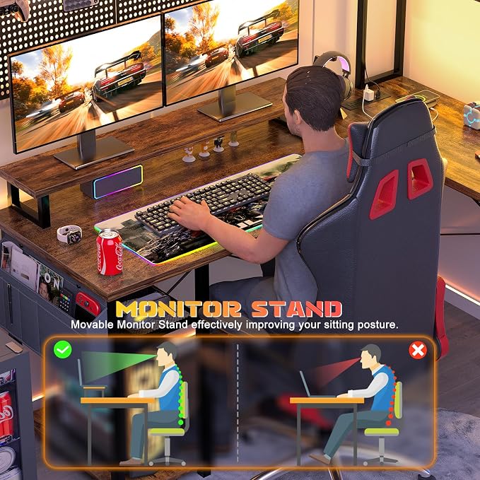 Aheaplus Small L Shaped Gaming Desk with LED Lights & Power Outlets, Reversible L-Shaped Computer Desk with Monitor Stand & Storage Shelf, Corner Desks Home Office Desk with Storage Bag, Rustic Brown