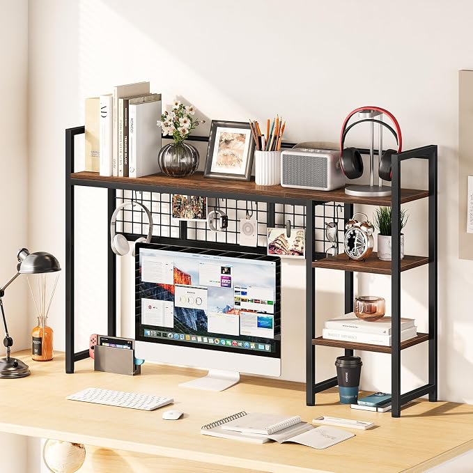 Snughome Desk Shelf, 44.9" Desktop Organizer Shelf, Desk Hutch for Computer Monitor, 4 Tier Desk Display Rack with Pegboard Hooks Set, Wood Desktop Bookshelf for Home Office Dorm