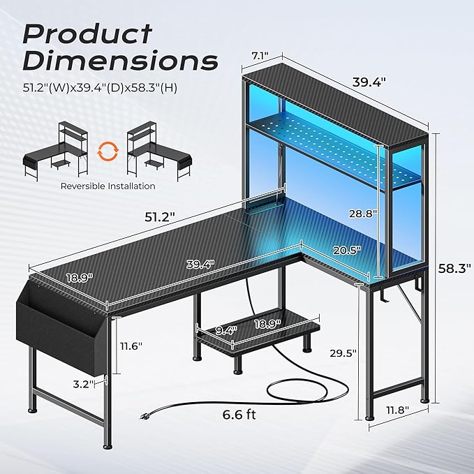 L Shaped Gaming Desk with LED Lights & Power Outlets | Reversible Computer Desk with Storage Shelves & Bag, Large Corner Home Office Desk for Work from Home, Carbon Fiber Black