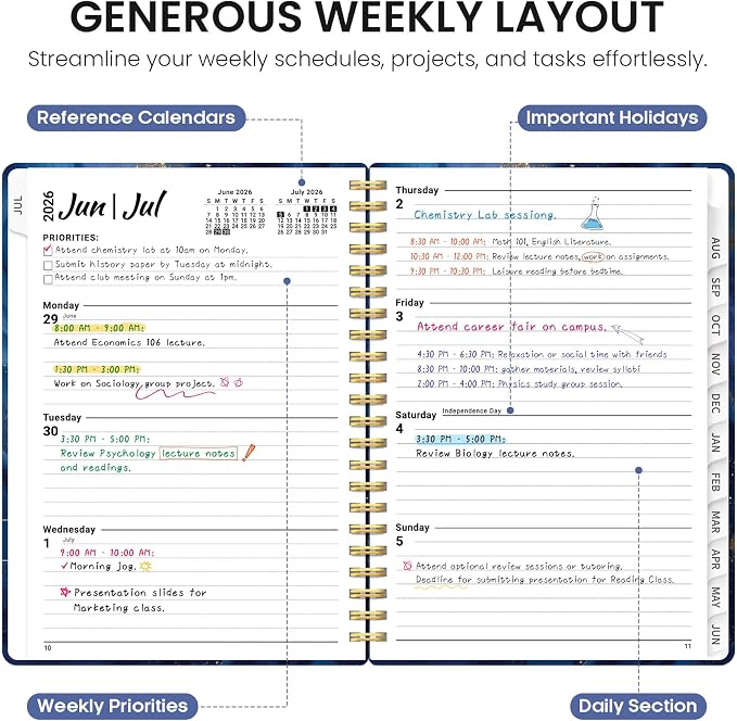 Planner 2026-2027, Monthly & Weekly Jul 2026-Jun 2027 Calendar Book | 6.3" x 8.5", Hardcover Spiral Planner with Tabs, School Pretty Agenda for Women, Students, Teachers, Celestial Current