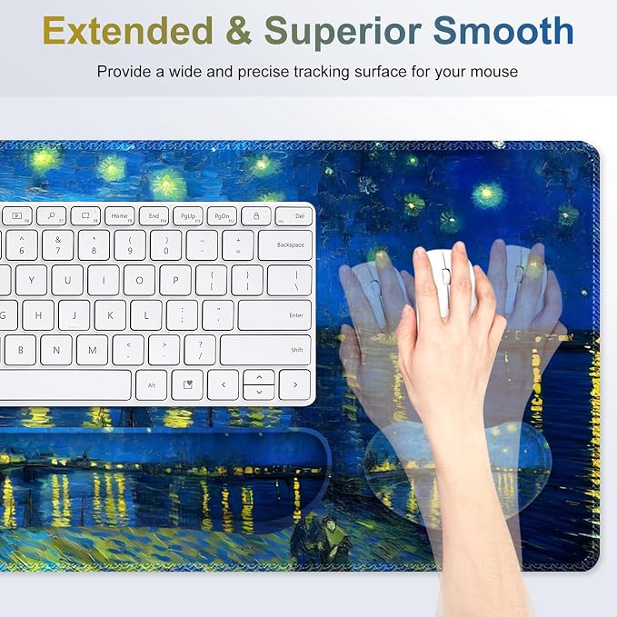 Large Gaming Mouse Pad Set, 4 in 1 Ergonomics Keyboard Desk Mat Memory Foam Wrist Rest, Computer Extended Game Mousepad, Non-Slip Desk Matt Easy Typing Pain Relief I Starry Night Over The Rhone