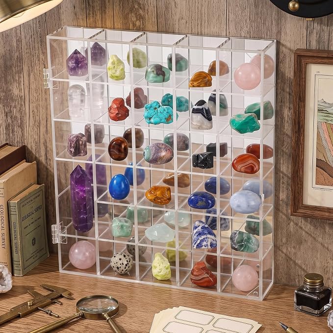 Cinnvoice Rock Display Case 30 Grids,Transparent Border,Square | Adjustable Acrylic Display Case, Crystal Organizer for Collectible, with Built-in Mirrored, Magnetic Door, Wall Mount