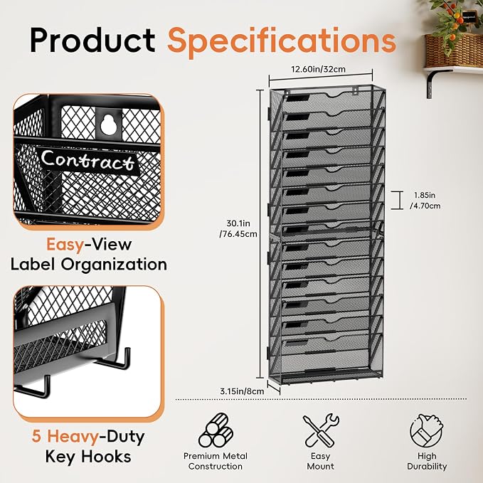 15-Tier Wall File Organizer with Hook, Hanging File Organizer Black | Wall-mounted mail storage holds papers, folders, files, clipboards and magazines, assembly required for office or home use.