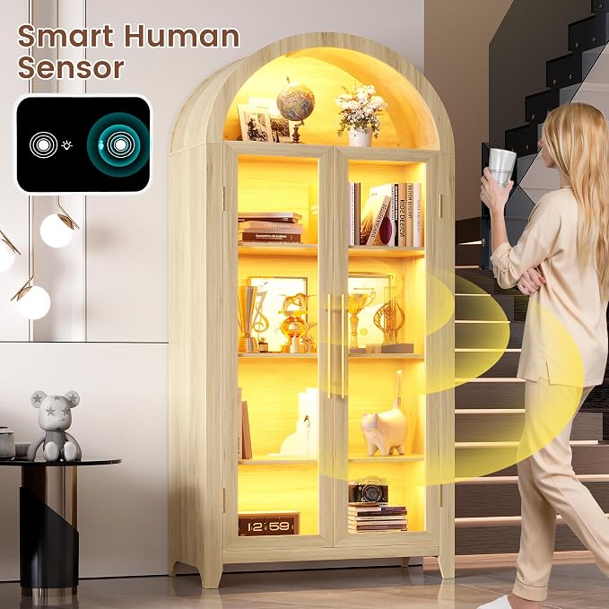 Vlsrka 71" Arched Kitchen Pantry Storage Cabinet with Glass Doors | 5-Tier Display Cabinet for Collectibles, Tall Bookcase with LED Light & Motion Sensor, Curio Cabinet with Adjustable Shelf