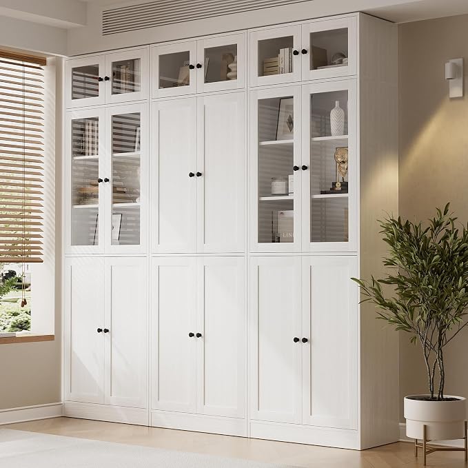 TUSY 85.5" Modern Tall Bookcase with Glass Doors, 7-Tier Wood Bookshelf with Storage for Home Office, Large Curio Cabinet for Living Room, Office, Bedroom, Family Room (White, BCB)
