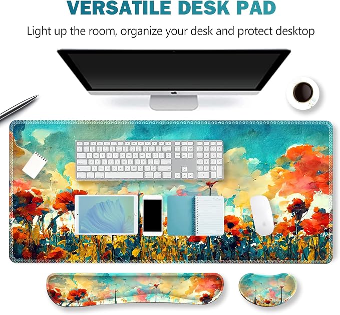 Gaming Mouse Pad Wrist Support Set, XXL Large Desk Mat Mousepad + Keyboard Wrist Support+ Mouse Wrist Rest+Coaster 4in1 Ergonomic, Stitched Edge for Home Office -Oil Painting Flowers Plants