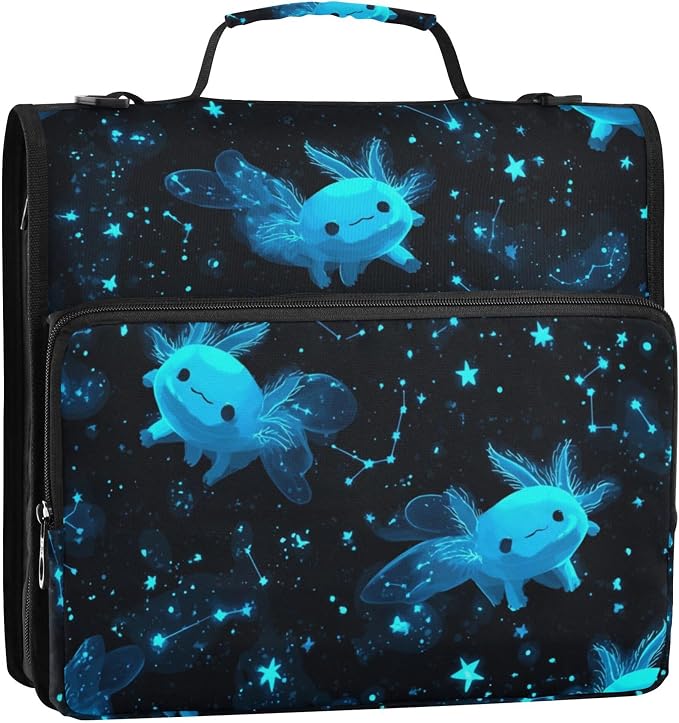 Fisyme Cartoon Galaxy Axolotl Zipper Binder 3 Ring with Zipper and Shoulder Strap Large Capacity Multi-Pocket Binder Organizer