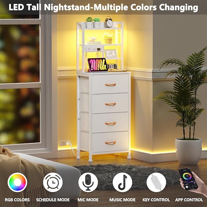 Tall Night Stand, 52.1" LED White Nightstand with Charging Station | LED Lights & USB Ports & type-C, 4 PVC Fabric Drawers and 4-Tier Storage Shelf, Bedside Table for Bedroom, Dorm