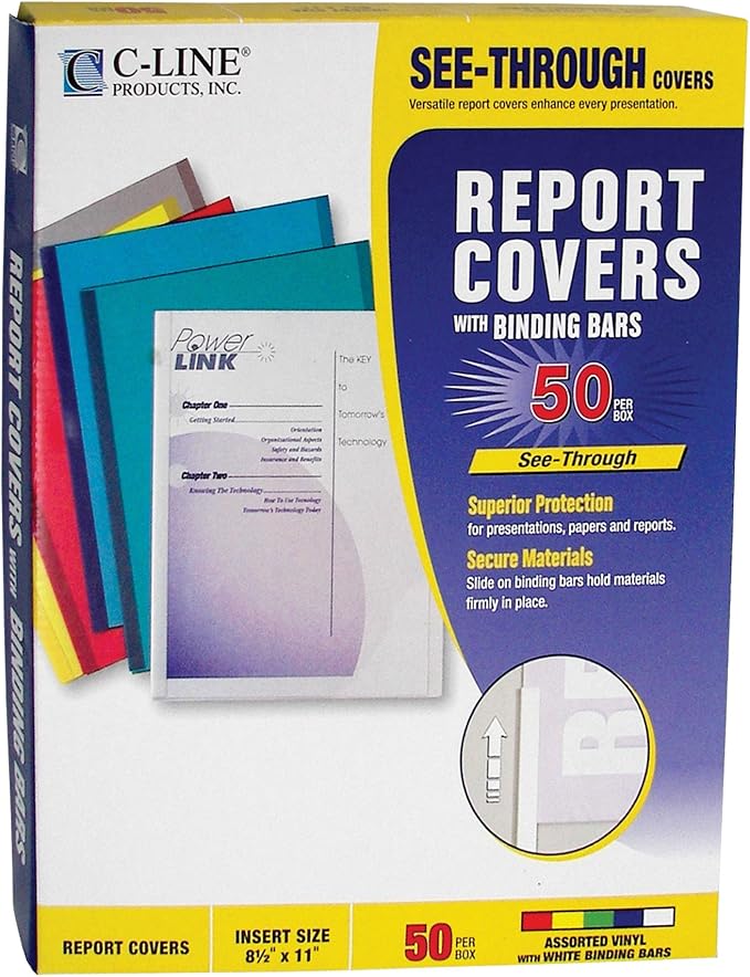 C-Line Report Covers with Binding Bars, Assorted Color Vinyl, White Bars, 8.5 x 11 Inches, 50 per Box (32550)
