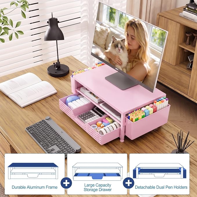 Desk Organizers and Accessories, Computer Monitor Stand Riser with Drawer and 2 Pen Holders, Printer & Laptop Stand, Office Desk Accessories & Workspace Organizers for Home Office Supplies, Pink