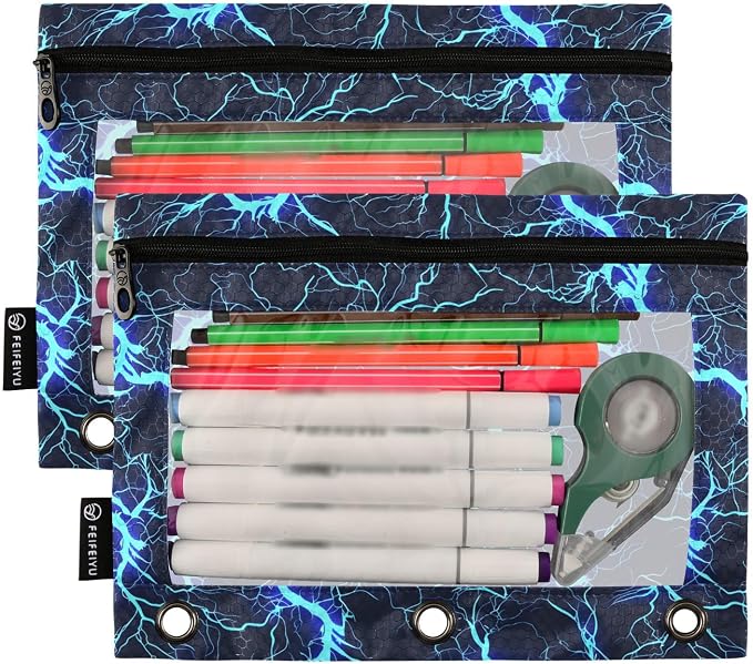 Dark Blue Electric Lightning Pencil Pouch for 3 Ring Binder, 2 Pack Waterproof Pencil Bags Clear Window Zipper School Office Supplies