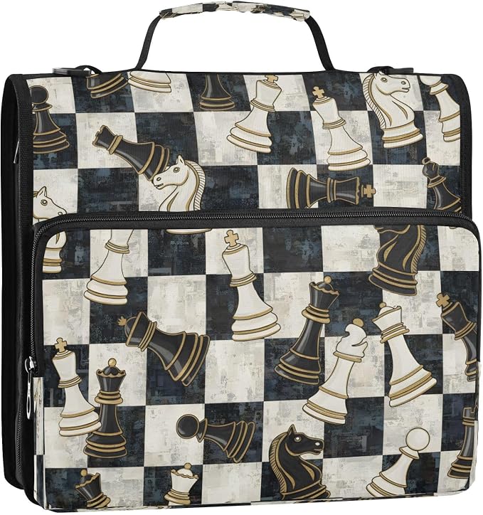 ALAZA Zipper Binder 3 Ring Chess Pieces Black White Checkerboard Binder Organizer with Zipper and Shoulder Strap Large Capacity Multi-Pocket Trapper Keeper File Folder for Office Supplies