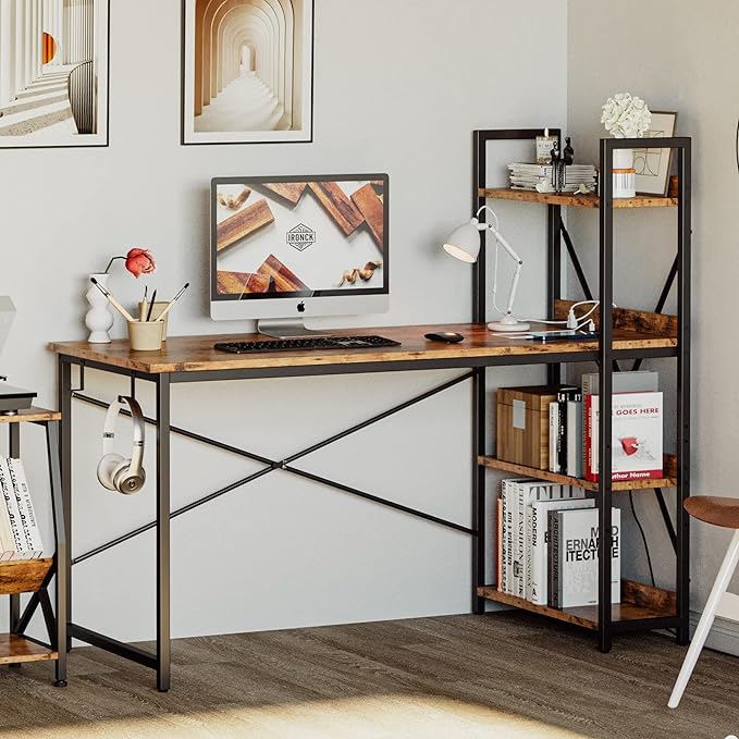 IRONCK Computer Desk 55" with Power Outlet and Storage Shelves,Rustic Brown | Study Writing Table with USB Ports Charging Station, PC Desk Workstation for Home Office