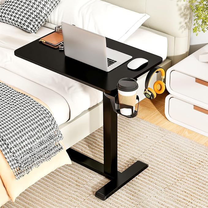 Tangkula Mobile Standing Desk, Pneumatic Height Adjustable Rolling Desk with Cup Holder & Headphone Hook, Overbed Table with Hidden Wheels, Laptop Computer Cart for Couch, Home, Office (Black)