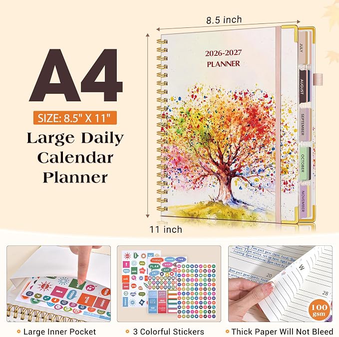 Academic Planner 2026-2027, 18 Months Weekly and Monthly Daily Planner from July 2026 - December 2027, 8.5" x 11" A4 Large Hardcover Agenda Organizer Book with Tabs, Spiral Yearly Calendar Planners for School Work Home, Colorful Tree of Life