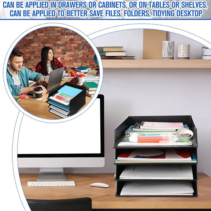 4 Pcs Stackable Paper Trays Rectangular Plastic Desk Holder Desktop Document File Organizer Storage Letter for Office Classroom (Black)