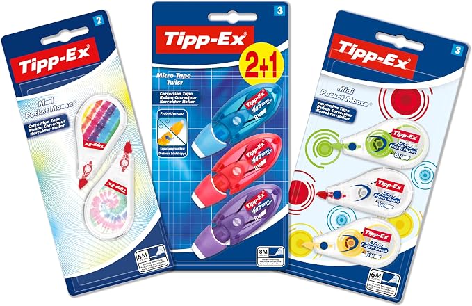 Bic Tipp-Ex Correction Tape Set with 5 Mini Pocket Mouse (2 Assorted Decorations and 3 Fantasy Colours) and 3 Micro Tape Twist - Assorted Colours, Pack of 8