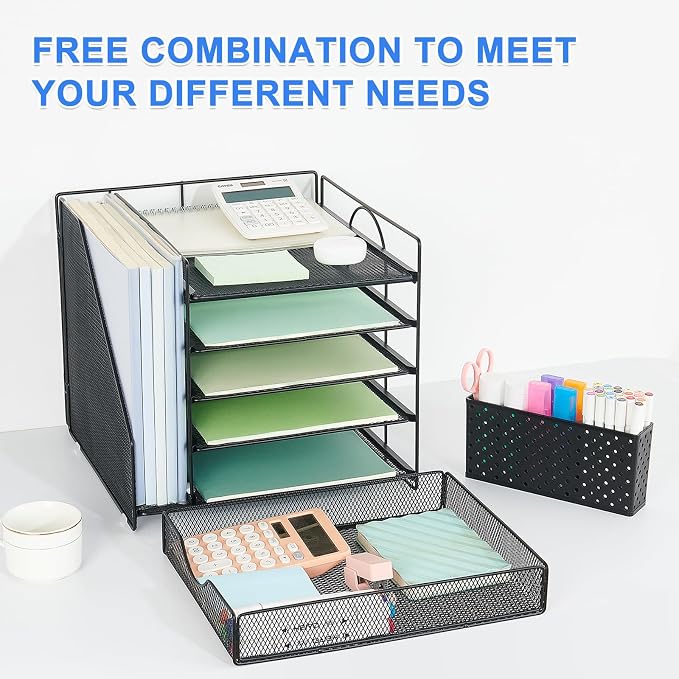 5-Tier Desk Organizer with Drawer and Pen Holder, Black | Paper Letter Tray Organizer with File Holder, Suitable for Workspace Organizer Office Supplies Storage