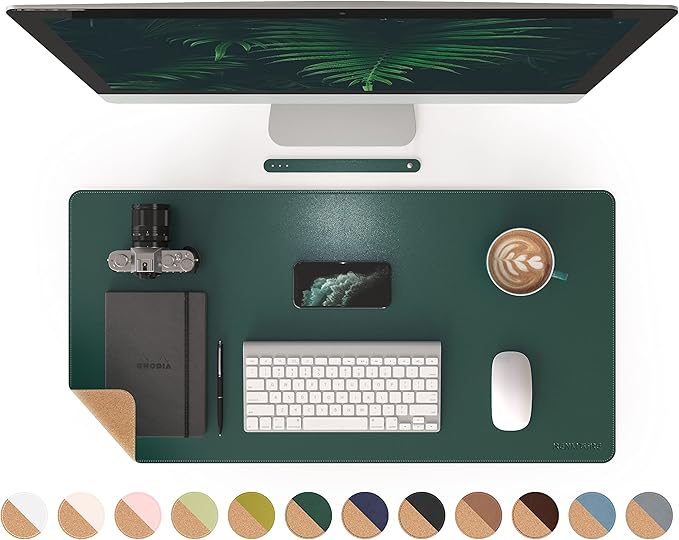RENMTURE Dual-Sided Mouse Pad, Natural Cork & PU Leather Large Desk Pad for Office and Home Work, Desk Protector Non-Slip, Waterproof, Easy Clean (Dark Green, 32"x16")