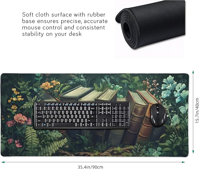 Floral Aesthetic Book Gaming Mouse Pad, Forest Green Moody Forest Desk Mat with Anti-Slip Base & Stitched Edges, Computer Keyboard & Laptop Pad, 35.4" x 15.7" in in Workstation Accessories