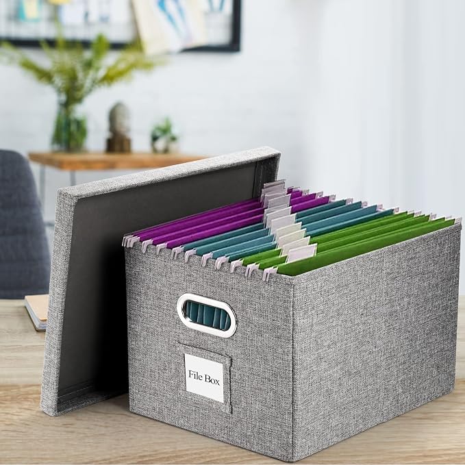 Hedume Set of 2 File Organizer Box, Collapsible Linen Filing Cabinets, Decorative Linen Filing Storage Hanging File Folders with Lids and Durable MDF Board, Space Saving File Folder Storage
