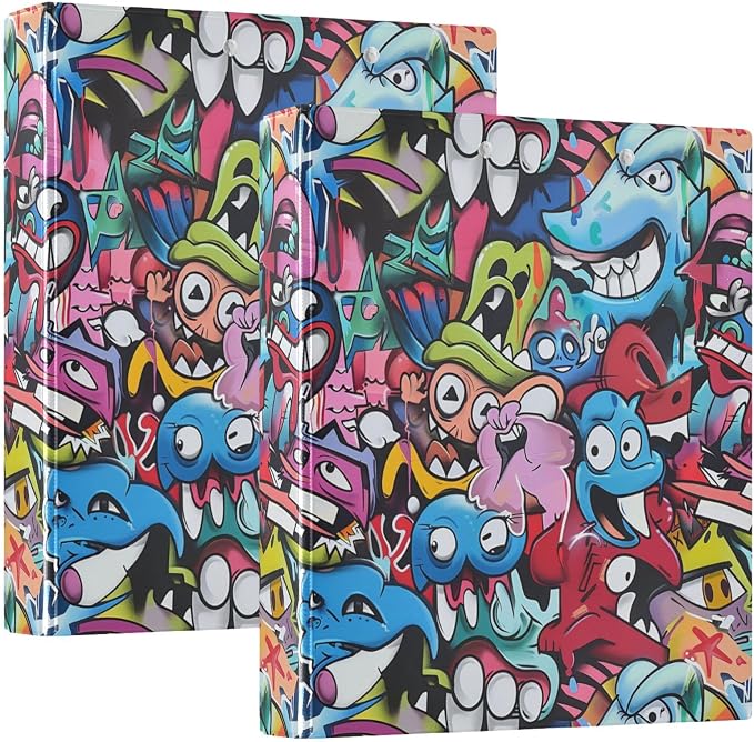 Graffiti Monster Binder 1.5 Inch Binder with Clipboard&Pockets, Hip Hop Monkey Hardcover Binders 3 Ring, Cool Heavy Duty Large File Folder for Office School Supplies - Holds 200 Sheets, 2 Pack