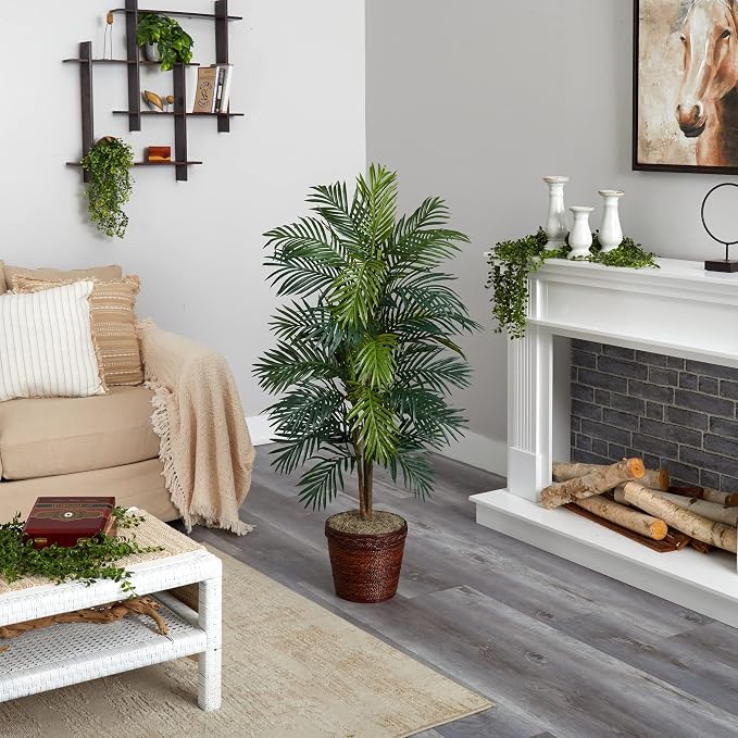 Nearly Natural 56 in Artificial Areca Palm Tree with Basket Floor Plant | Thirty-Two Lifelike Leaves, Wicker Basket Included, Maintenance-Free Indoor Accent, Home and Office Decor