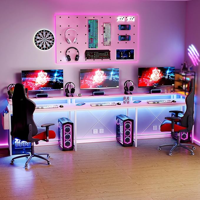 Reversible u Shaped to l Shaped Computer Desk with RGB Lighting & Charging Station, 79 Inch Home Office Workstation with Full Monitor Stand, Heavy Duty Gaming Desk Supporting 600LBS, Multiple Color Op