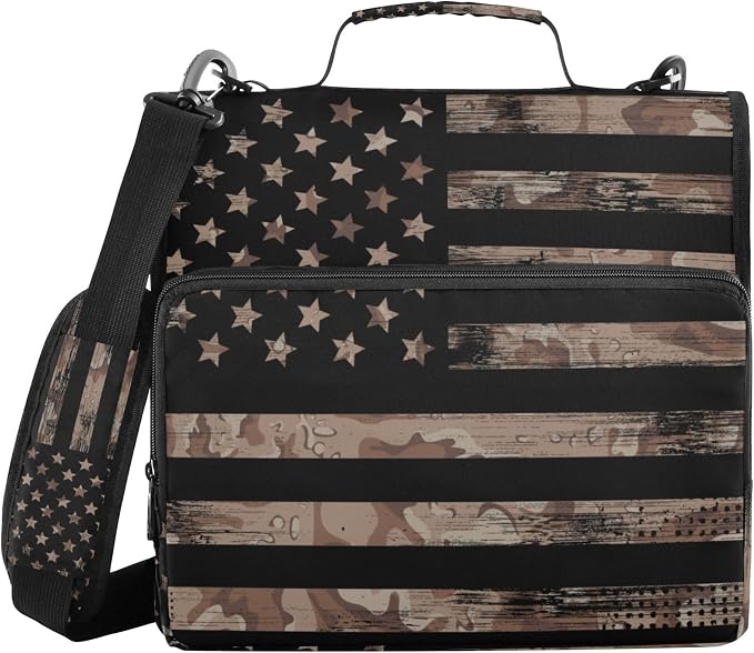 Fisyme American Flag Camouflage Zipper Binder 3 Ring with Zipper and Shoulder Strap Large Capacity Multi-Pocket Binder Organizer