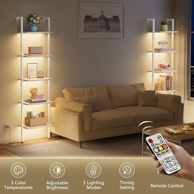 5 Tier Ladder Bookshelf with Light, Wall Mount Ladder Shelf White | Narrow Ladder Bookshelf with Storage, Thin Ladder Bookshelf with Metal Frame Ladder Shelf for Living Room, Bedroom, Office
