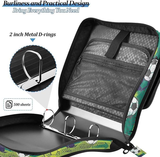 Ball Soccer Green Print Zipper Binder Bag 3 Ring with Shoulder Strap & Handle Multi Pocket Binder Organizer Bag Large Capacity for School Office Supplies