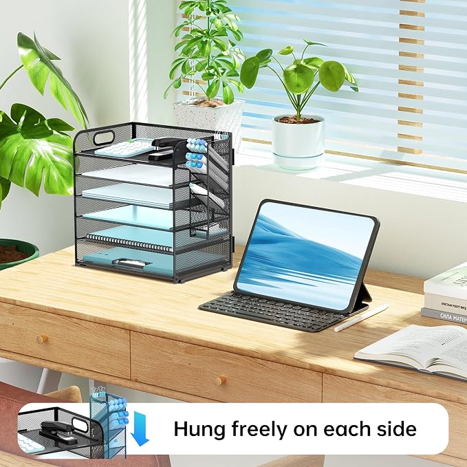 6 Tier Desk Organizer with 4 Pen Holders and Mesh Paper Trays Black | 6 Tiers Paper Organizer, File Organizer Letter Tray with Handle for A4 Files, Folders, Mail and Office Supplies