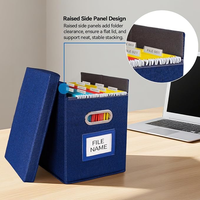 2 Pack Hanging File Folders Organizer with Lid, Letter Size Fabric File Storage Box Collapsible, Portable Office Document Holder with Metal Handle, Smooth PVC Rails, Blue