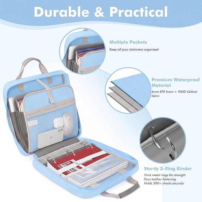 3-Ring Zipper Binder Organizer with Shoulder Strap, 2 Inch Binder | 500 Sheets Zip Up Binder Bag with Multiple Pockets & Storage, Laptop, Books Organizer for School Students and Teachers
