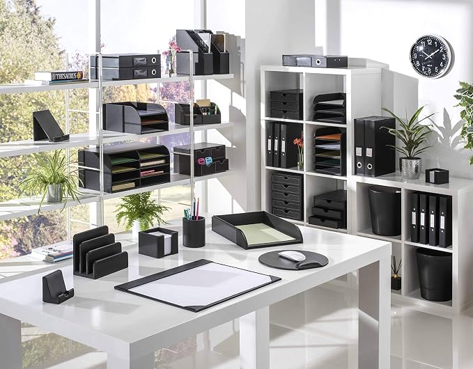 OSCO Black Faux Leather Letter Holder | Mail Sorter | Post Rack | Envelope Organiser | Document Stand | Desk File Storage | Display Slots | H14 x W17.5 D10 cm |