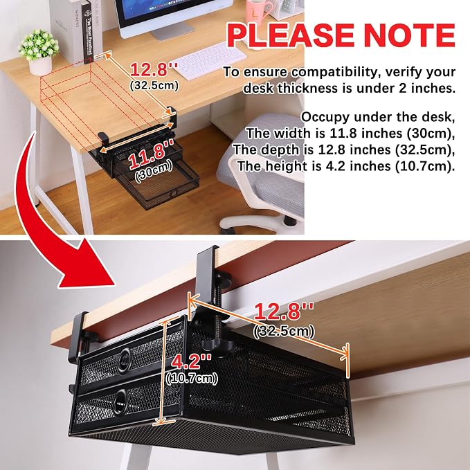 ROSYLINE Under Desk & Desktop Drawer Organizer, 2-Tier Big Capacity | Steel Construction, Clip-On No Drill Installation, Fits A4 Paper, for Office & Household Supplies