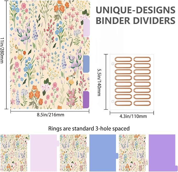 2 Inch 3 Ring Binder, Round Ring Binder with 6 Tab Dividers, 2 Interior Pockets, Cute Binders Clipboard with Storage for Letter-Size, Folders Organizer for School Office, Portfolio (Yellow Flower)