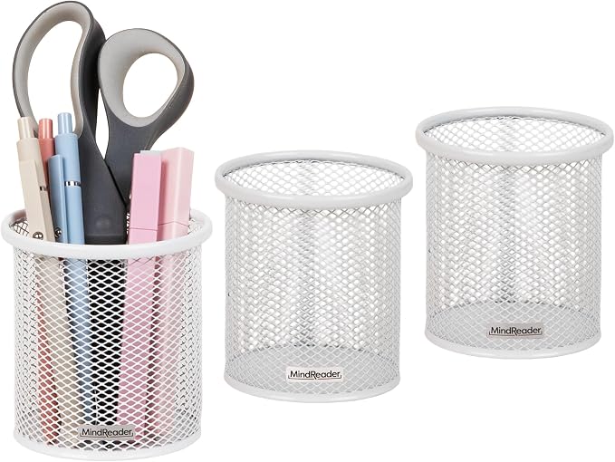 Mind Reader Pen and Accessories Holder, Desktop Organizer, Office, Metal Mesh, 3.5"L x 3.5"W x 3.75"H, Set of 3, White