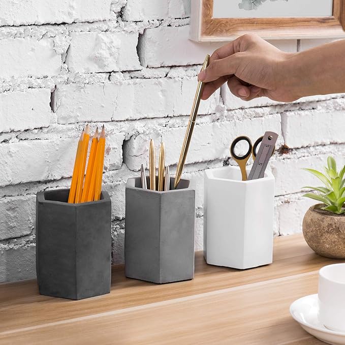MyGift Set of 3 Cement Decorative Hexagon Multi-Colored Desktop Pen Holder and Pencil Office Supply Stationary Storage Cups (White, Gray, Black)